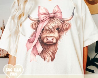 Highland Cow Heifer PNG, Coquette Bow PNG, Soft Girl Aesthetic Png, Cow Clipart, Coquette Shirt Design Cow Mama PNG Western Girl Sublimation