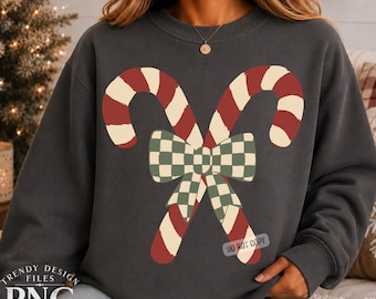 Checkerboard Candy Canes PNG, Preppy Holiday Shirt Design, Trendy Mom Sweatshirt Graphic Vintage Christmas Bow Sublimation Graphic