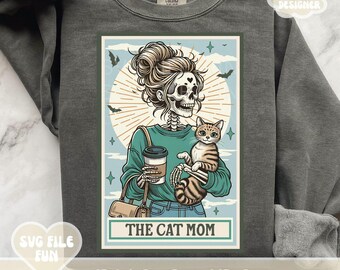 Tabby Cat PNG, The Tabby Cat Mom Skeleton Tarot Card Shirt PNG, Spooky Season Trendy Aesthetic Shirt Design Halloween Print Sublimation File