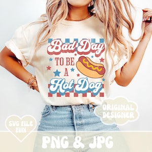 Archivo de diseño de camiseta PNG retro "Mal día para ser un perrito caliente", lindo, patriótico, 4 de julio, Día de la Independencia de Estados Unidos, impresión desgastada por sublimación