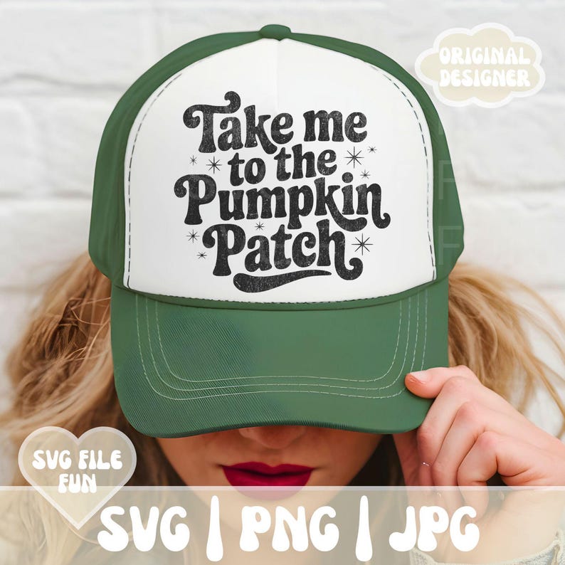 May include: A green and white trucker hat with the text "Take me to the Pumpkin Patch" in a retro font. The hat has a curved brim and a mesh back. The design includes star accents.