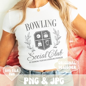 May include: White t-shirt with a gray graphic design that says "Bowling Social Club" and "My drinking team has a bowling problem". The graphic includes a shield with bowling pins, a bowling ball, a beer mug, and a bowling bag.
