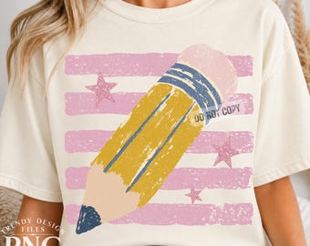 First Day of School Pencil Stripes PNG Trendy Pink Go Back to School Teacher Distressed Vintage Shirt Design Preppy Sublimation