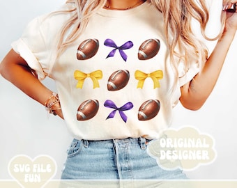 Coquette Football Png, Football Mom Png, Custom School Colors Png, Purple & Gold Bow Png Footballs and Bows School Pride Trendy Shirt Design