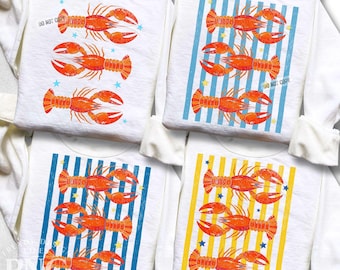 Lobster PNG Bundle Shirt Design, Trendy Preppy Striped Coastal Summertime Women's Beach Vacation Travel Print Sublimation