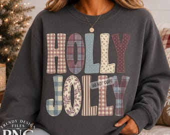 Jolly Christmas PNG, Flannel Patchwork Letters, Christmas Shirt Design, Preppy Gingham Retro Holiday Plaid Floral Dots Sublimation Design