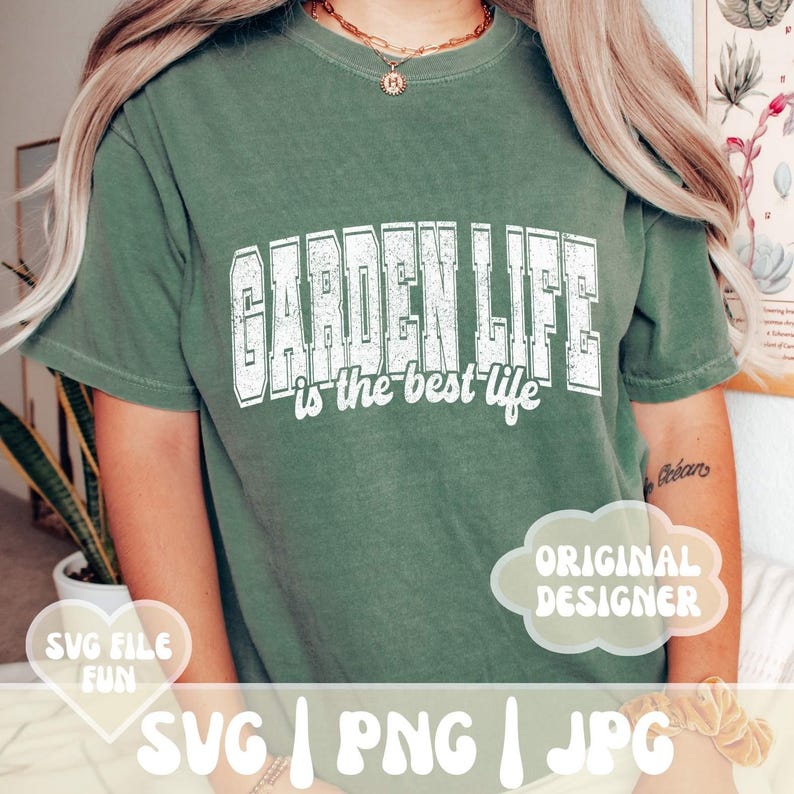 May include: A green t-shirt with a white distressed graphic that says "Garden Life is the best life".