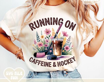 Hockey Mom Shirt PNG, Running on Caffeine & Hockey PNG, Trendy Aesthetic Iced Coffee Hockey Mama Shirt Design Print Sublimation File