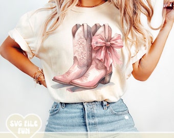 Pink Cowboy Boots PNG, Cowgirl Boots PNG, Coquette PNG, Soft Girl Aesthetic Png, Coquette Bow Shirt Design Southern Girl Sublimation File