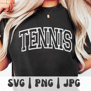 テニス SVG、テニス PNG、テニス クリップアート、テニス デザイン、Cricut カット ファイル、大学バーシティ レター シャツ プリント昇華