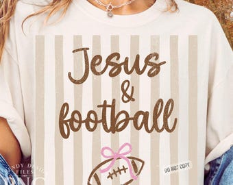 Jesus & Football Stripes PNG Preppy Bow Shirt Design Trendy Football Season Game Day Touchdown Distressed Print Sublimation