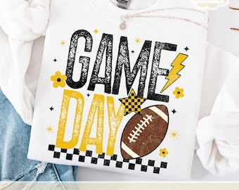 Retro Game Day PNG, Football Season PNG, Black & Gold PNG, Custom School Colors, Png, Trendy Touchdown Shirt Design Print Sublimation