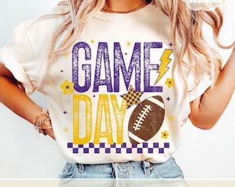 Retro Game Day PNG, Football Season PNG, Purple & Gold PNG, Custom School Colors, Png, Trendy Touchdown Shirt Design Print Sublimation