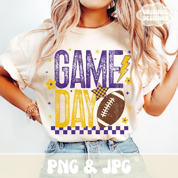 Retro Game Day PNG, Football Season PNG, Purple & Gold PNG, Custom School Colors, Png, Trendy Touchdown Shirt Design Print Sublimation