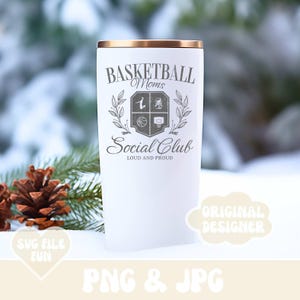 May include: White tumbler with a gold lid and a black and white graphic that says "Basketball Moms Social Club Loud and Proud".