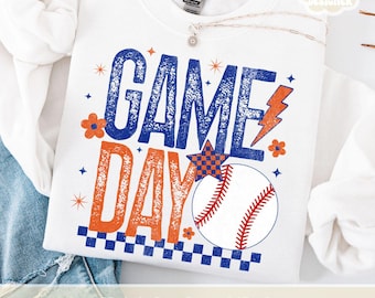 Mamá de béisbol retro PNG, equipo de béisbol PNG, día del juego azul y naranja, colores escolares personalizados, diseño de camiseta de béisbol desgastada de moda, sublimación