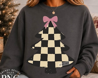 Checkerboard Christmas Tree PNG, Preppy Holiday Shirt Design, Trendy Mom Sweatshirt Graphic Vintage Tree with Bow Sublimation Graphic