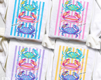 Paquete PNG de cangrejos costeros estilo preppy para verano, diseño de camiseta de verano a rayas coloridas para mujer para vacaciones en la playa, impresión por sublimación