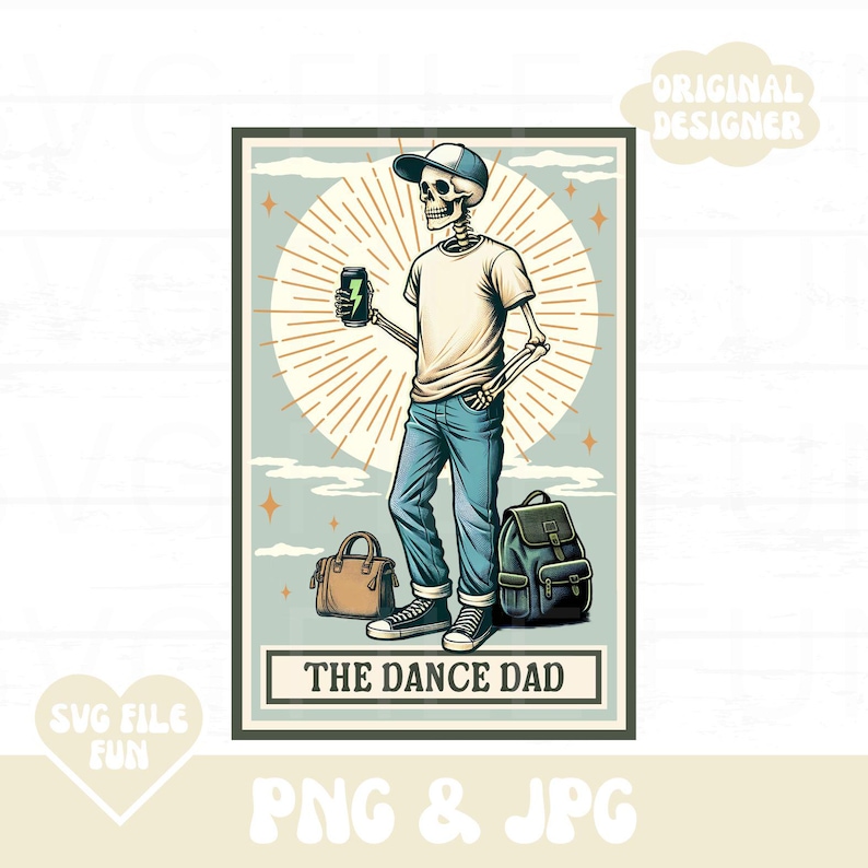 May include: A retro-style illustration of a skeleton wearing a baseball cap, a white t-shirt, blue jeans, and trainers. The skeleton is holding a can of energy drink and has a backpack and a brown bag slung over their shoulder. The text "The Dance Dad" is at the bottom of the image.