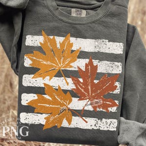 Vintage Fall Leaves PNG, Trendy Autumn Stripes Shirt Design, Fall Maple Leaf, Distressed Farmhouse Rustic Sublimation