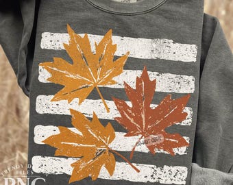 Vintage Fall Leaves PNG, Trendy Autumn Stripes Shirt Design, Fall Maple Leaf, Distressed Farmhouse Rustic Sublimation