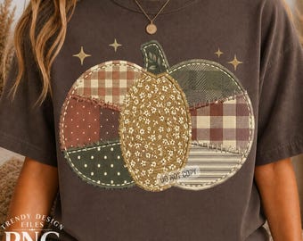 Patchwork Pumpkin PNG, Trendy Fall Plaid Flannel Happy Thanksgiving, Friendsgiving Shirt Design, Gingham Sublimation Graphic