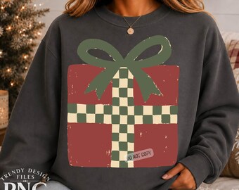 Checkerboard Christmas Present PNG, Preppy Holiday Shirt Design, Trendy Mom Sweatshirt Graphic Vintage Gift with Bow Sublimation Graphic
