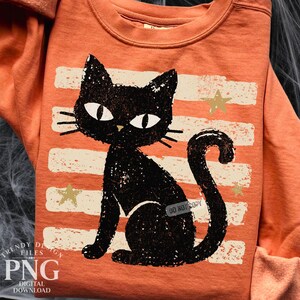 May include: An orange crewneck sweatshirt featuring a distressed graphic of a black cat sitting in front of horizontal cream-colored stripes and small stars. The cat has large white eyes and a long curved tail. The design has a textured, worn appearance.