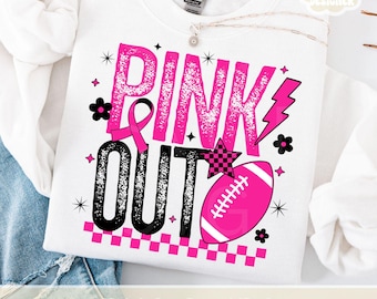 Pink Out PNG Designs, Retro Spieltag PNG, Football Saison Pink & Schwarz Trendy Distressed Brustkrebs Bewusstsein Shirt Print Sublimation