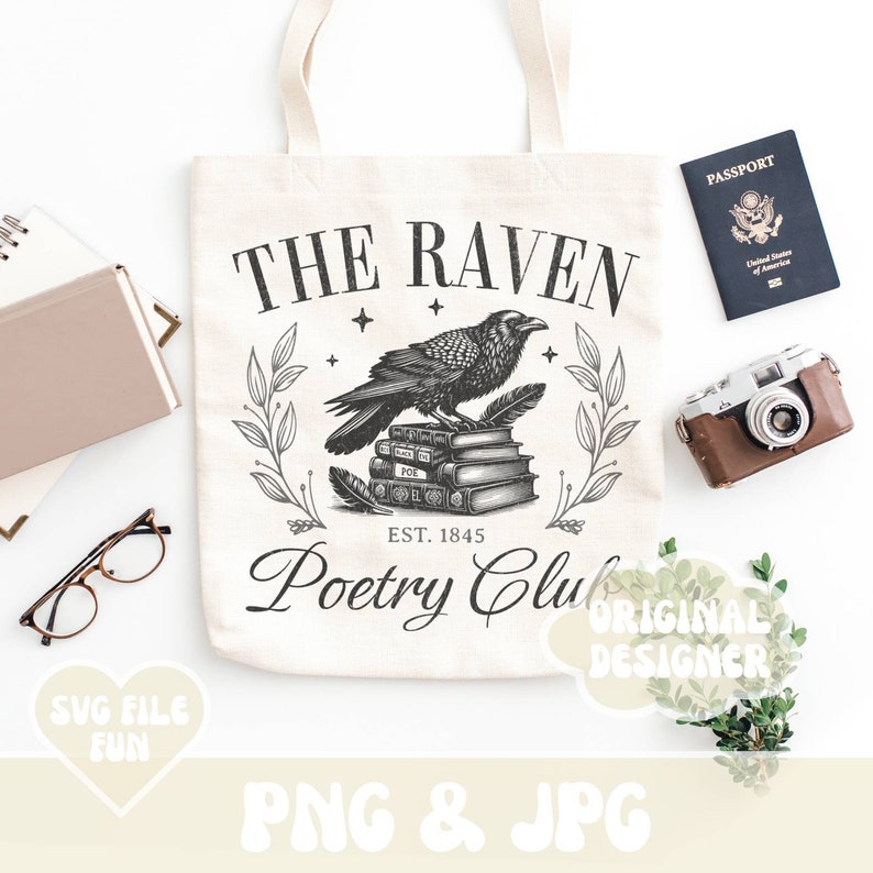 May include: A white tote bag with a black and white illustration of a raven perched on a stack of books. The text "The Raven Poetry Club Est. 1845" is printed on the bag.