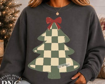 Checkerboard Christmas Tree PNG, Preppy Holiday Shirt Design, Trendy Mom Sweatshirt Graphic Vintage Tree with Bow Sublimation Graphic