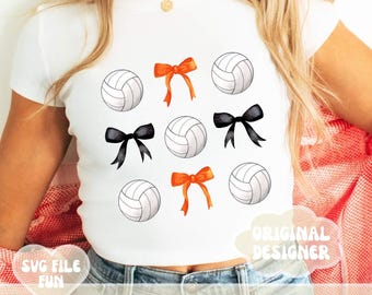 Coquette Volleyball Png, Volleyball Mom Png Custom School Colors Black & Orange Volleyballs and Bows School Pride Trendy Tigers Shirt Design
