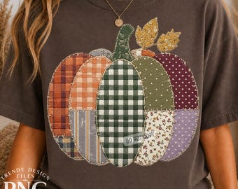 Patchwork Pumpkin PNG, Trendy Fall Plaid Flannel Happy Thanksgiving, Friendsgiving Shirt Design, Gingham Sublimation Graphic