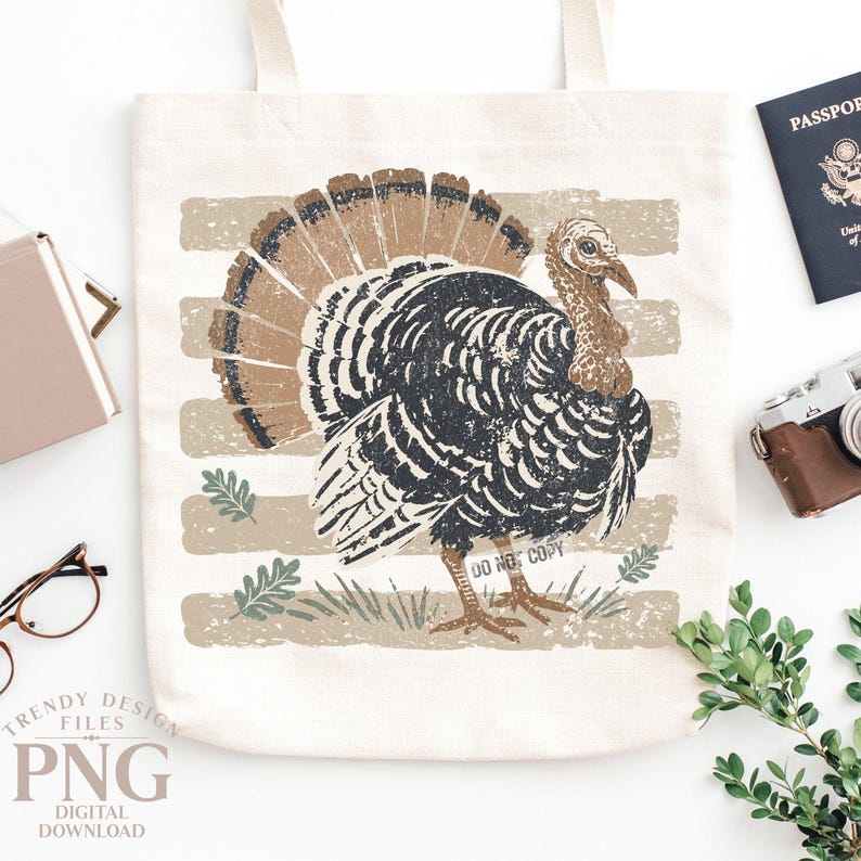 May include: A cream-colored canvas tote bag featuring a distressed graphic print of a turkey with brown and black feathers. The turkey stands on a background of horizontal beige stripes with small green leaf accents and the text DO NOT COPY.