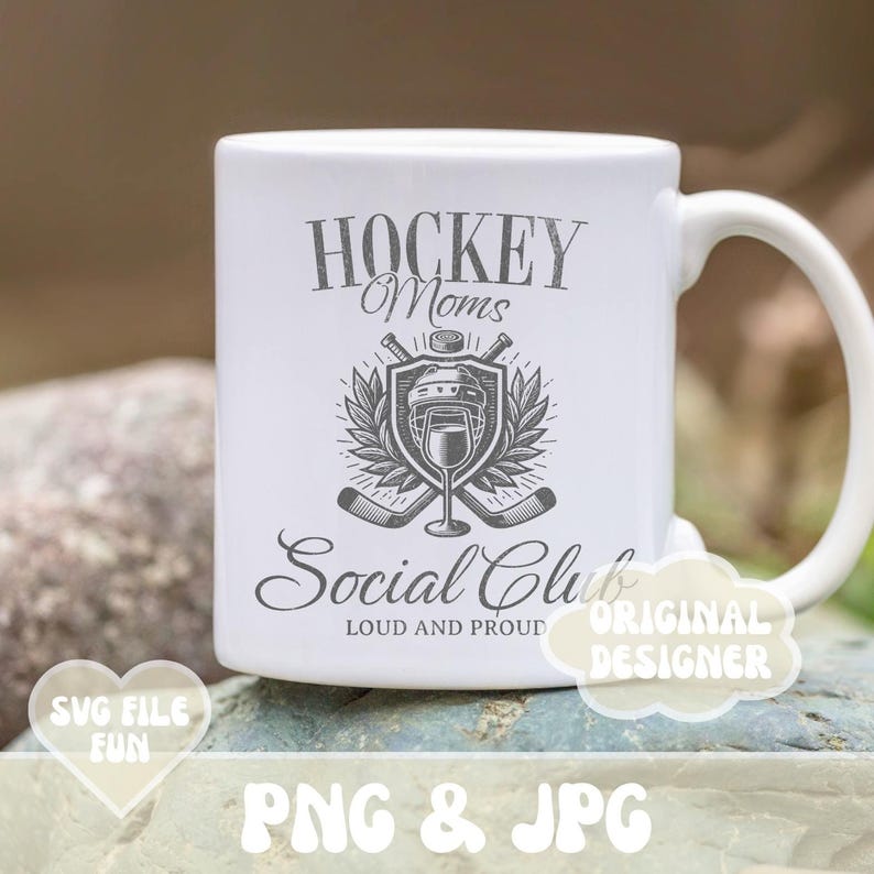 May include: White ceramic mug with a black and white design that says "Hockey Moms Social Club Loud and Proud". The design features a hockey helmet, two hockey sticks, and a wine glass.