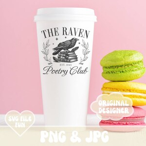 May include: White to-go coffee cup with a black and white illustration of a raven perched on a stack of books. The text "The Raven Poetry Club Est. 1845" is printed on the cup.