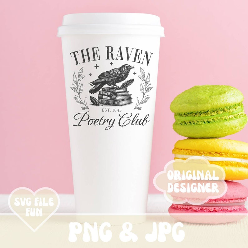 May include: White to-go coffee cup with a black and white illustration of a raven perched on a stack of books. The text "The Raven Poetry Club Est. 1845" is printed on the cup.