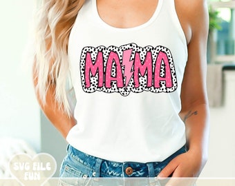 Mama PNG, Girly Pink Mama Lightning Bolt PNG, Dalmatian Dots, Bright Doodle, Retro Shirt Sublimation Design Png