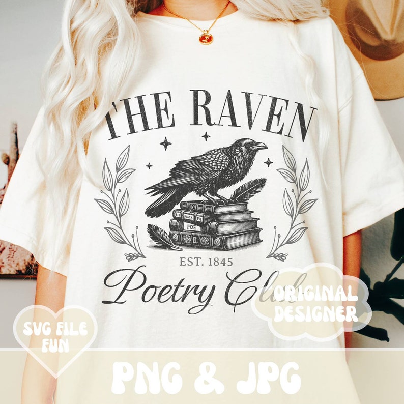 May include: A white t-shirt with a black and white illustration of a raven perched on a stack of books. The text "THE RAVEN" is above the raven and "EST. 1845 Poetry Club" is below the raven. The text "ORIGINAL DESIGNER" is in a speech bubble.