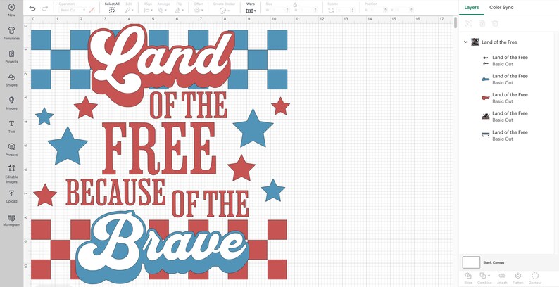 May include: A patriotic design with the text "Land of the Free Because of the Brave" in red and blue. The design includes stars and checkered patterns, perfect for Independence Day or other patriotic events.