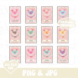 Sternzeichen-Tarot-PNG-Bundle, Tarot-Karten PNG, Horoskop-Png, Astrologie-Zeichen, trendige Schleifen-Shirt-Design-Sublimationsdatei, Geburtstagskarte PNG-Set