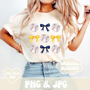 May include: A white t-shirt featuring a design of baseballs and bows in yellow and blue. The text "SVG File Fun" and "PNG & JPG" are visible on the image. The text "Original Designer" is in a speech bubble.