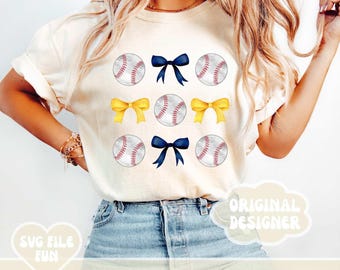 May include: A white t-shirt featuring a design of baseballs and bows in yellow and blue. The text "SVG File Fun" and "PNG & JPG" are visible on the image. The text "Original Designer" is in a speech bubble.