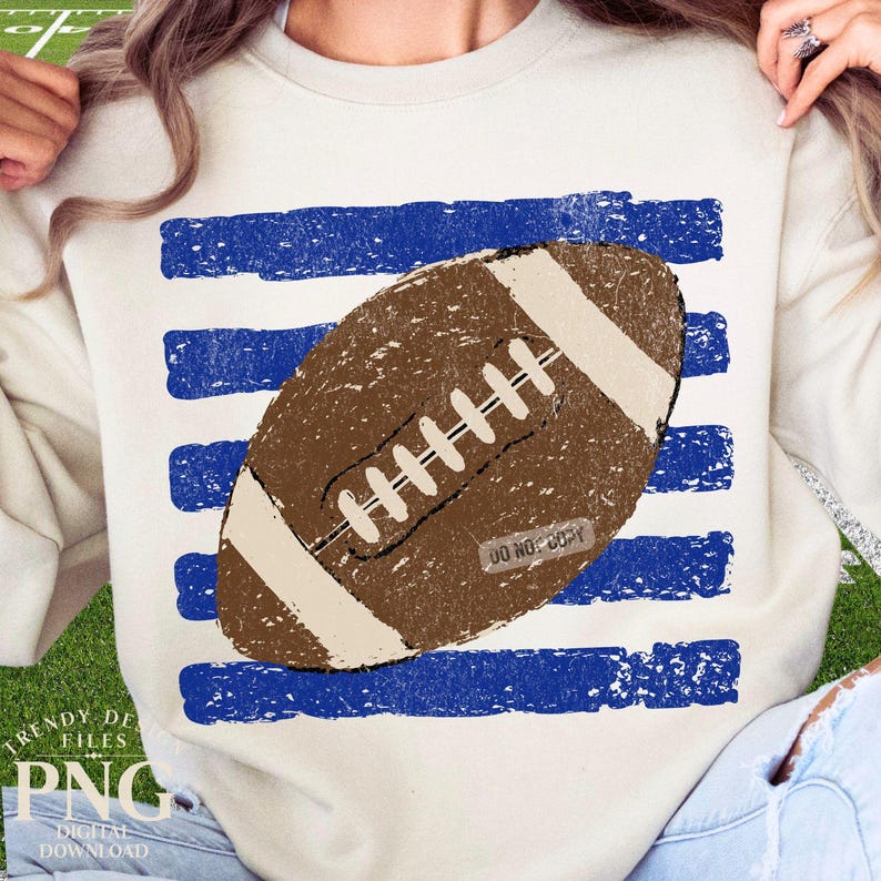 Fußballstreifen PNG Preppy Shirt Design Trendiger königsblauer Fußballsaison Spieltag Touchdown Distressed Grafik Sublimation Bild 2