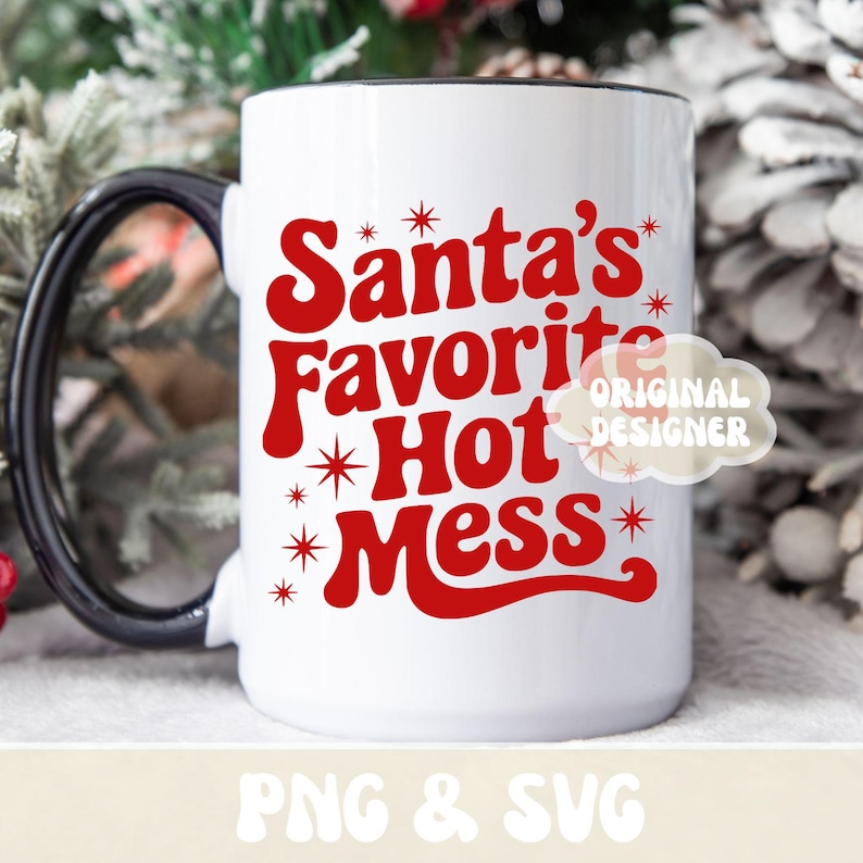 May include: White ceramic mug with a black handle and rim. The mug features the text "Santa's Favorite Hot Mess" in red, with star accents. A festive holiday-themed mug.