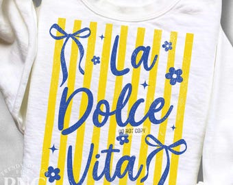 La Dolce Vita PNG Trendy Striped Retro Mediterranean Travel Shirt Design Womens Summer Italian Coquette Bow Print Sublimation Graphic