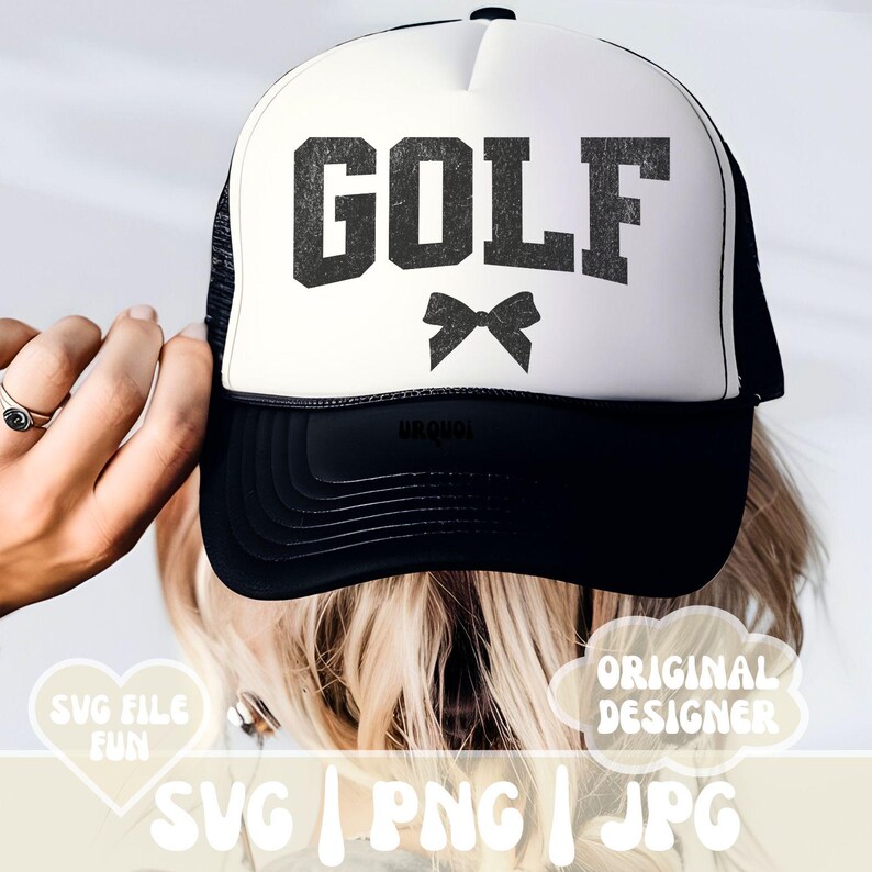 May include: A white trucker hat with a black mesh back. The front of the hat has the word "GOLF" in black with a black bow underneath.