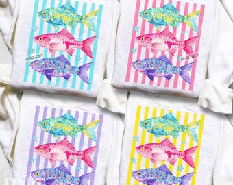 Summertime PNG Bundle, Preppy Fish PNG, Trendy Striped Colorful Coastal Summer Women's Beach Vacation Travel Shirt Design Print Sublimation