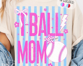 Retro Tball Mom PNG, Girls Tee Ball Team Pink Striped Trendy Game Day Distressed School T-Ball Shirt Design Sublimation