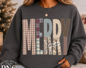 Merry Christmas PNG, Flannel Patchwork Letters, Christmas Shirt Design, Preppy Gingham Retro Holiday Plaid Floral Dots Sublimation Design